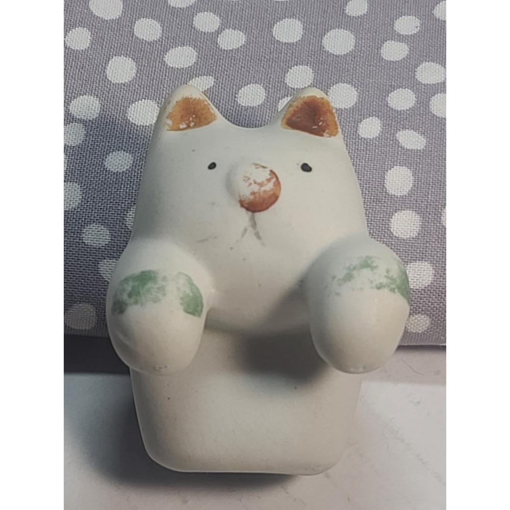 Vintage Miniature Ceramic Cat Figurine White Hand Painted 2 Inch pot hanger